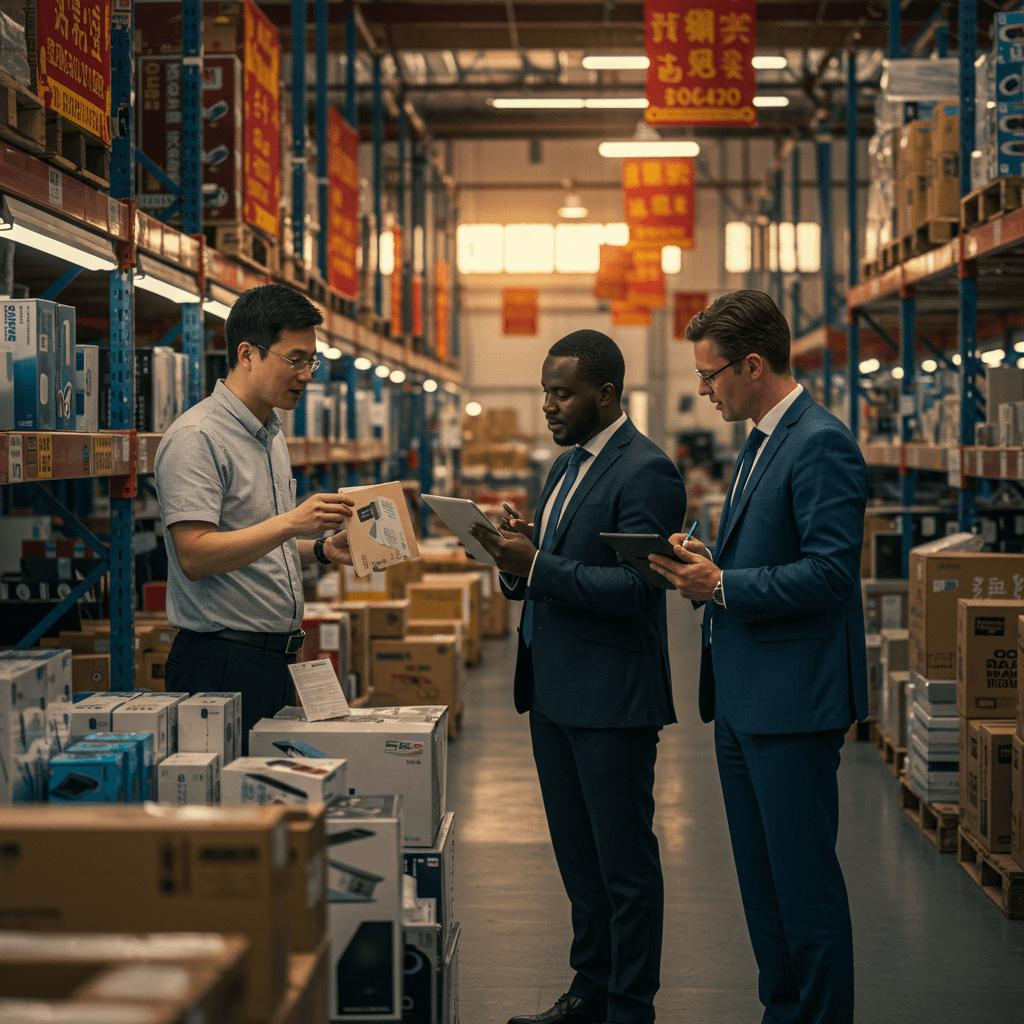 Compradores internacionales evaluando productos y proveedores en un almacén chino