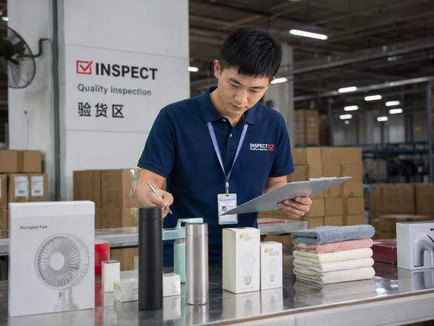 Inspector realizando un control de calidad de productos en un almacén de China