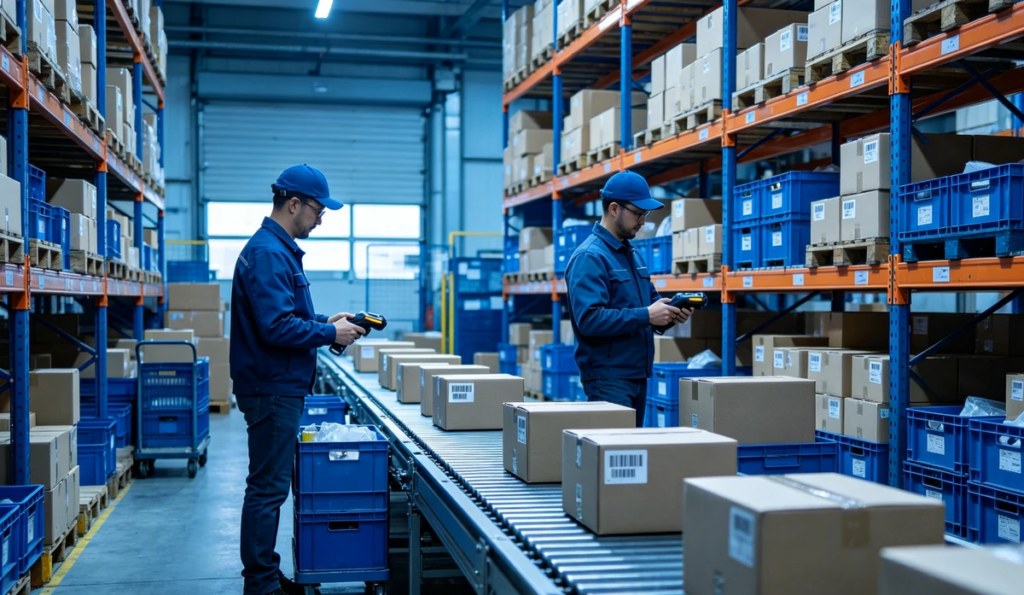 Trabajadores procesando paquetes en un almacén de consolidación y envíos en China