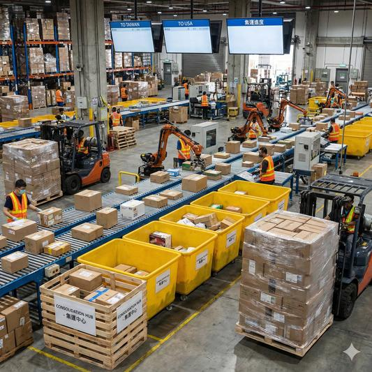 Centro logístico preparando paquetes consolidados para envíos internacionales desde China