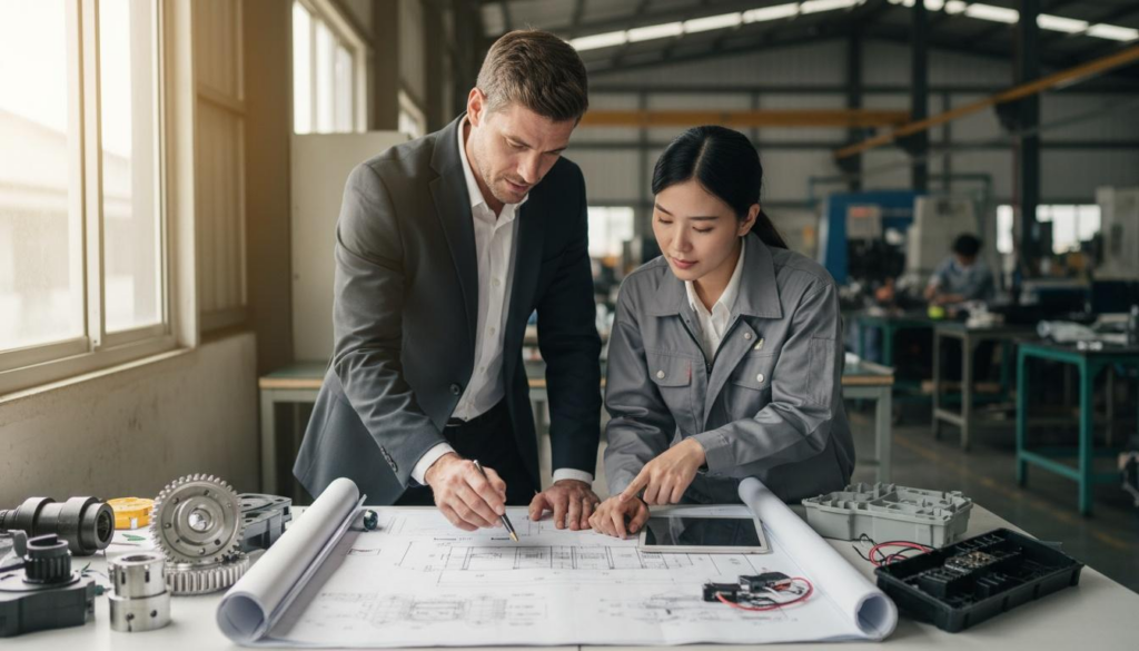 Comprador revisando especificaciones del producto con fabricante chino antes de la producción