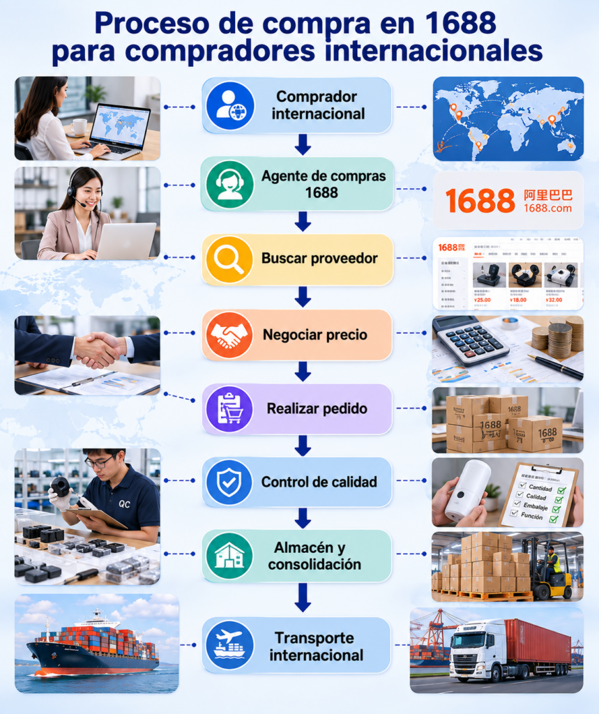 Proceso de trabajo de un agente de compras 1688 desde la búsqueda de proveedores hasta el envío internacional