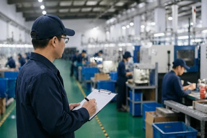 Auditor independiente inspeccionando una fábrica china para verificar instalaciones, capacidad de producción y sistemas de control de calidad