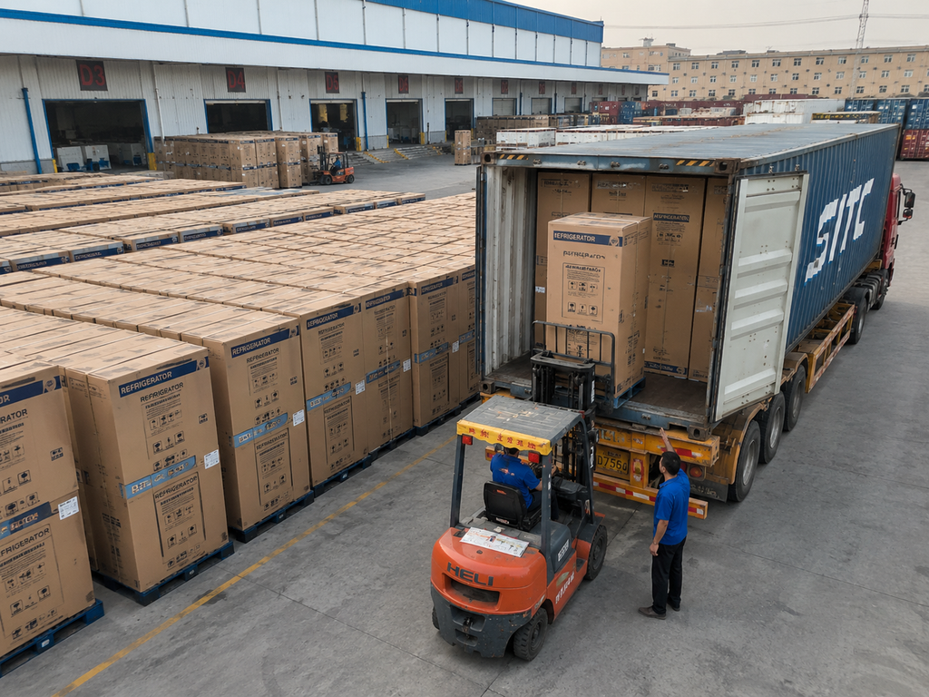 Refrigeradores embalados y preparados para transporte desde una fábrica en China