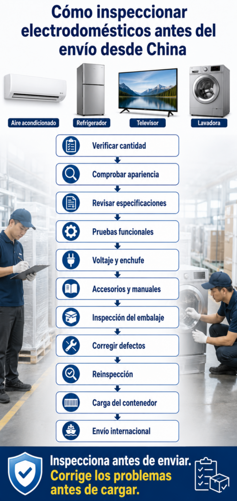 Proceso de inspección de aires acondicionados, refrigeradores, televisores y lavadoras antes del envío desde China