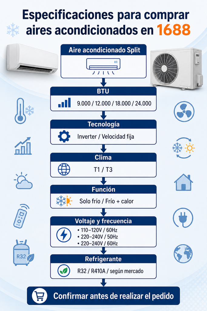 Especificaciones para comprar aires acondicionados en 1688: BTU, inverter, T1 T3, voltaje y refrigerante