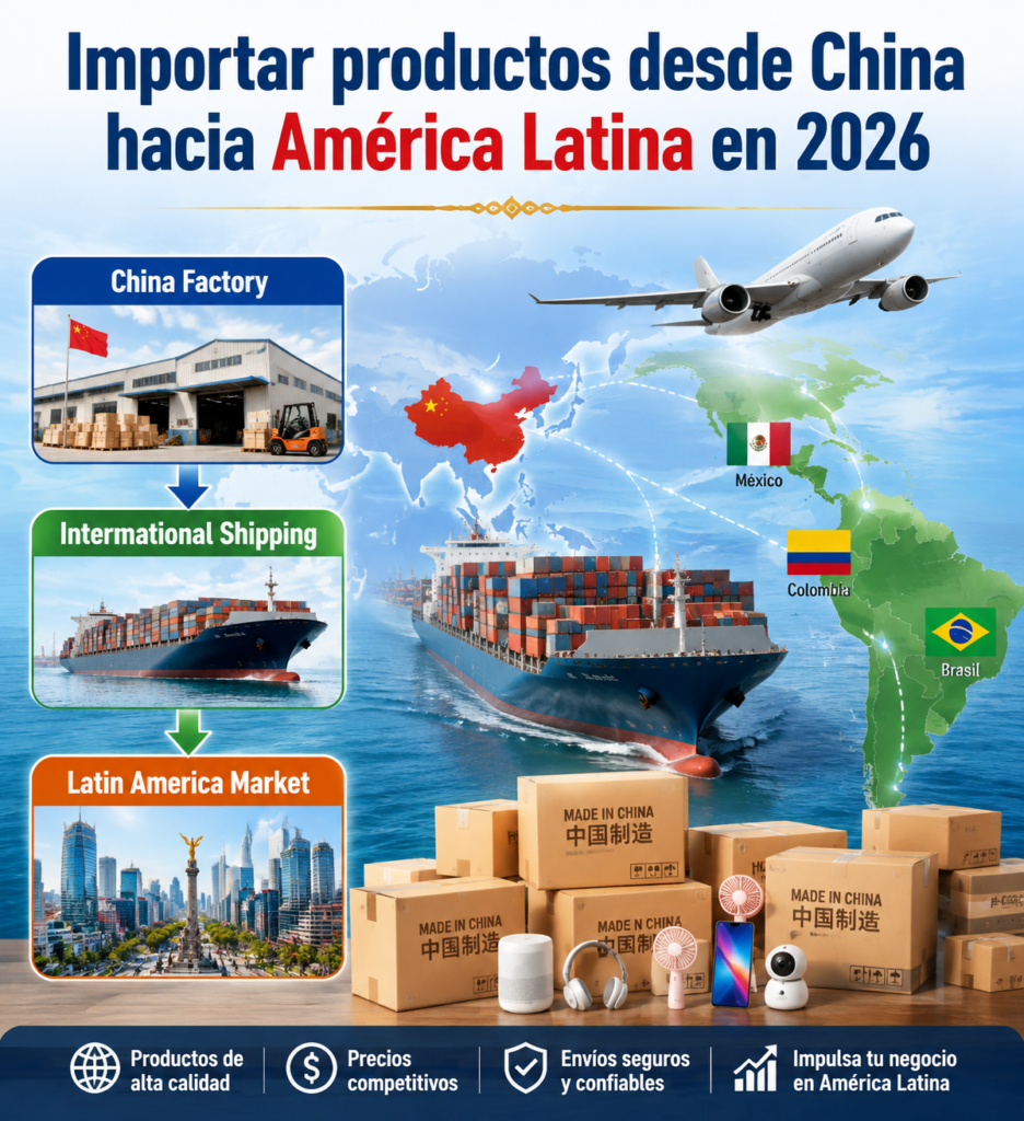 Importación de productos desde China hacia América Latina con fábrica, transporte internacional y mercado latinoamericano