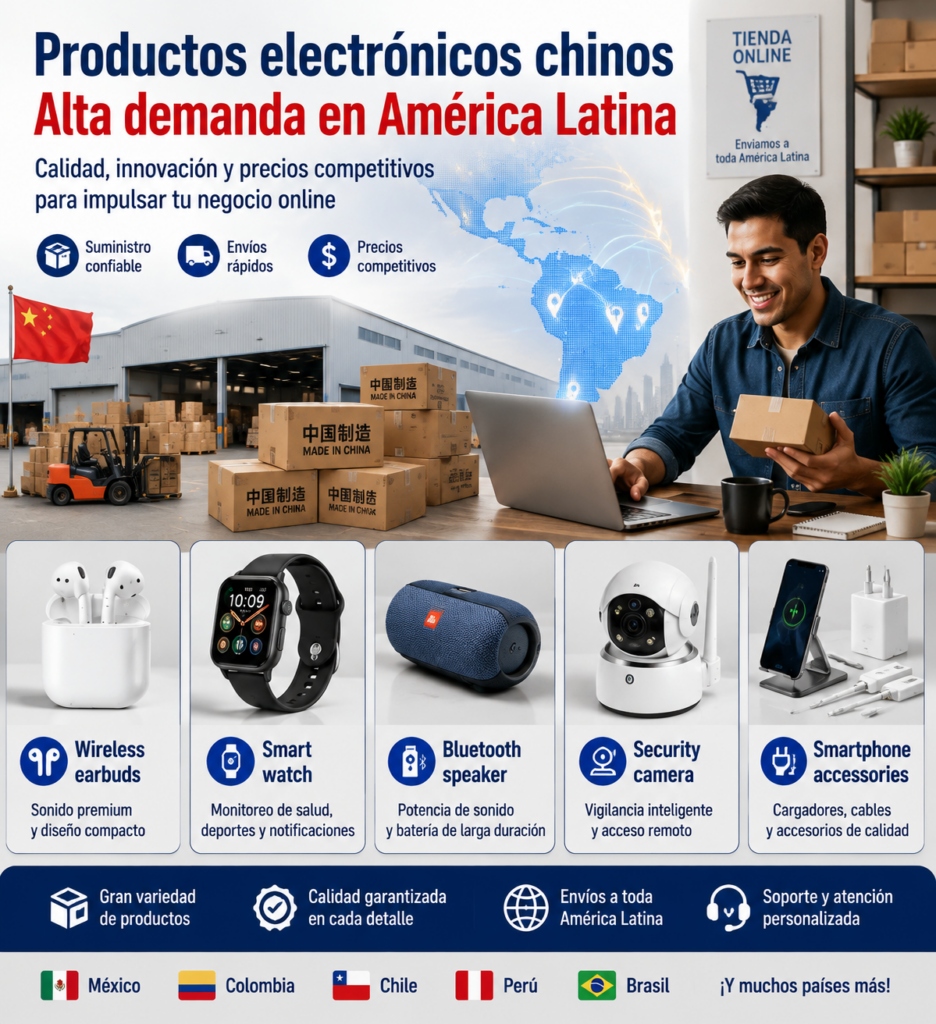 Productos electrónicos inteligentes importados desde China como auriculares inalámbricos relojes inteligentes y cámaras de seguridad