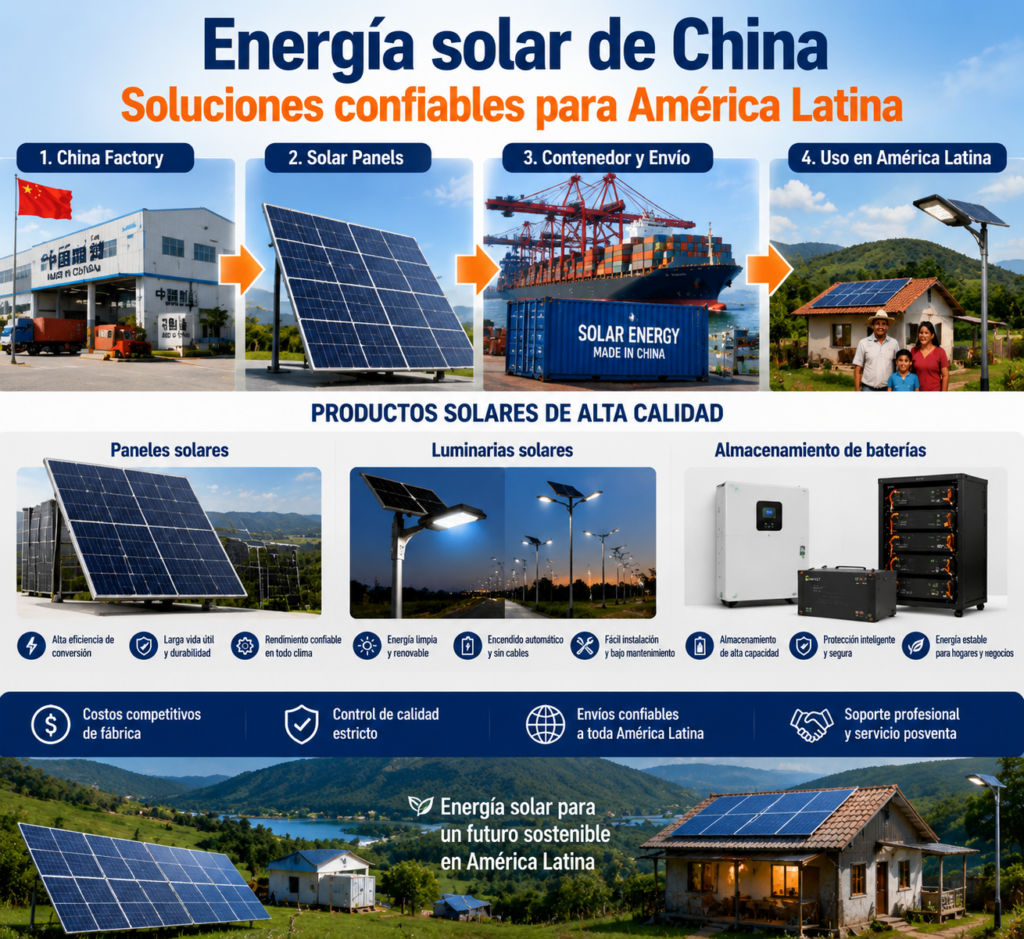 Productos de energía solar importados desde China para hogares y negocios en América Latina
