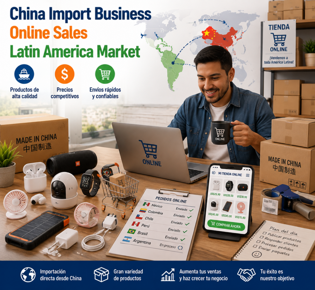 Emprendedor latinoamericano vendiendo productos importados desde China mediante comercio electrónico