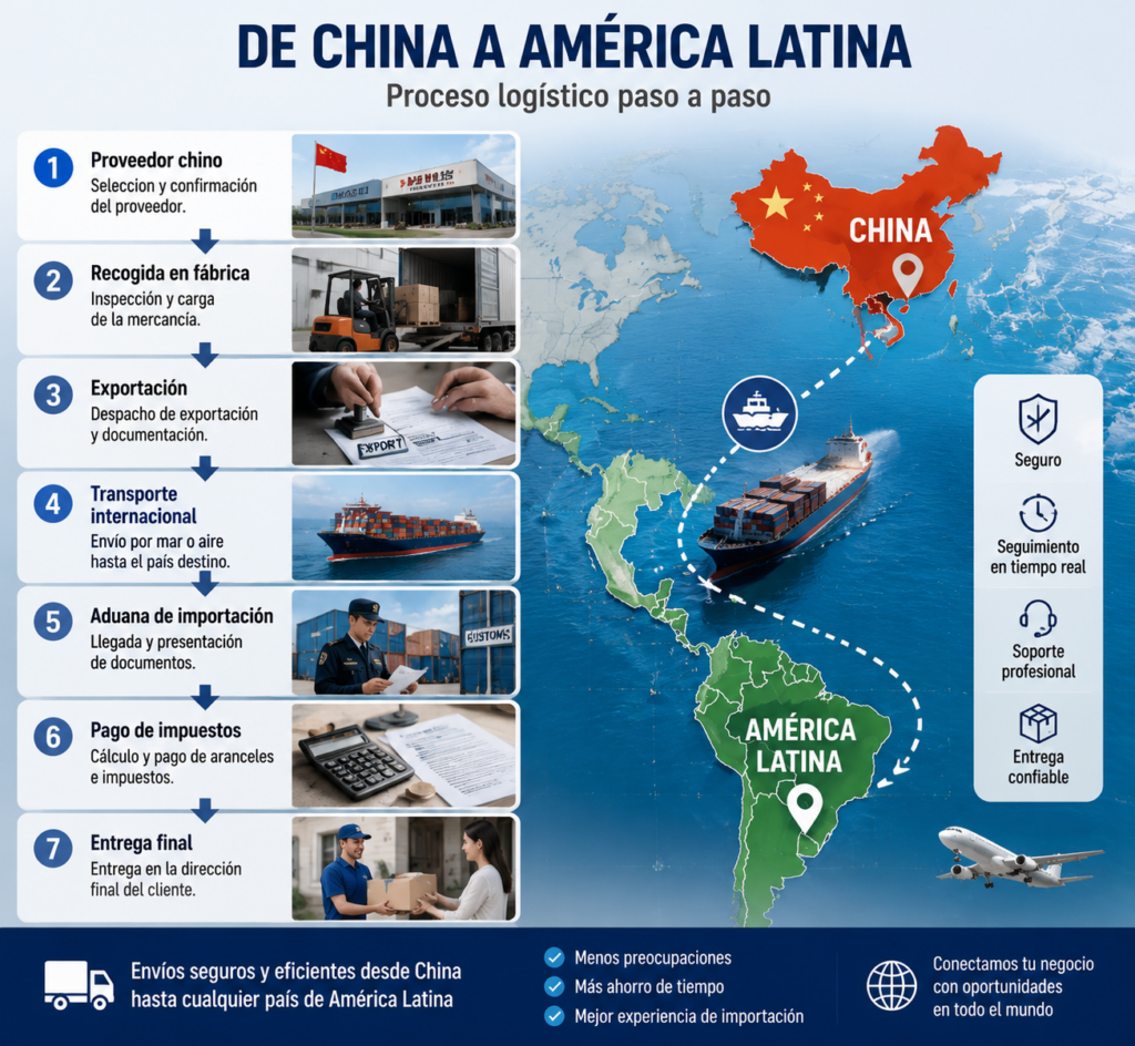Proceso completo de envío DDP desde China hasta América Latina con aduanas impuestos y entrega final