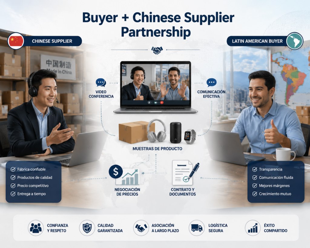 Empresario latinoamericano negociando con proveedor chino para importar productos