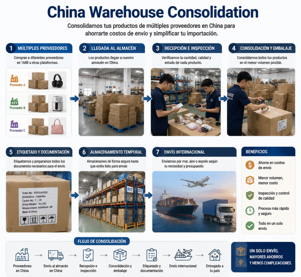 Almacén en China donde un agente de 1688 consolida productos de diferentes proveedores