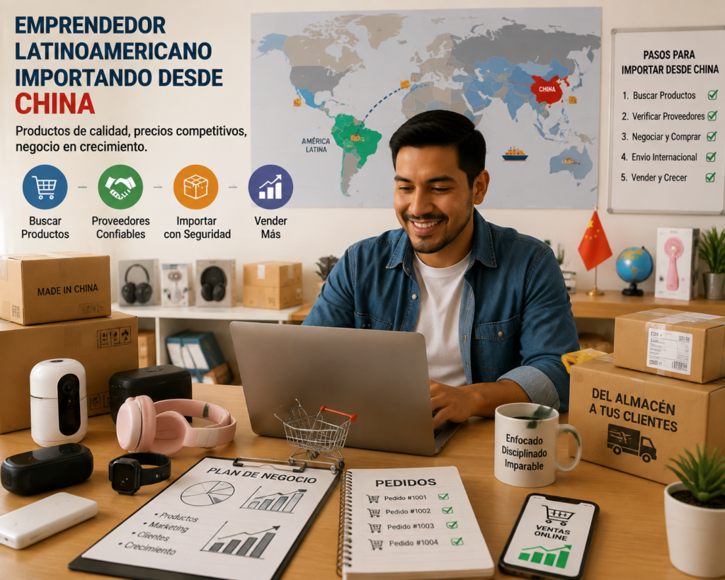 Emprendedor latinoamericano importando productos desde China con ayuda de un agente de compras de 1688