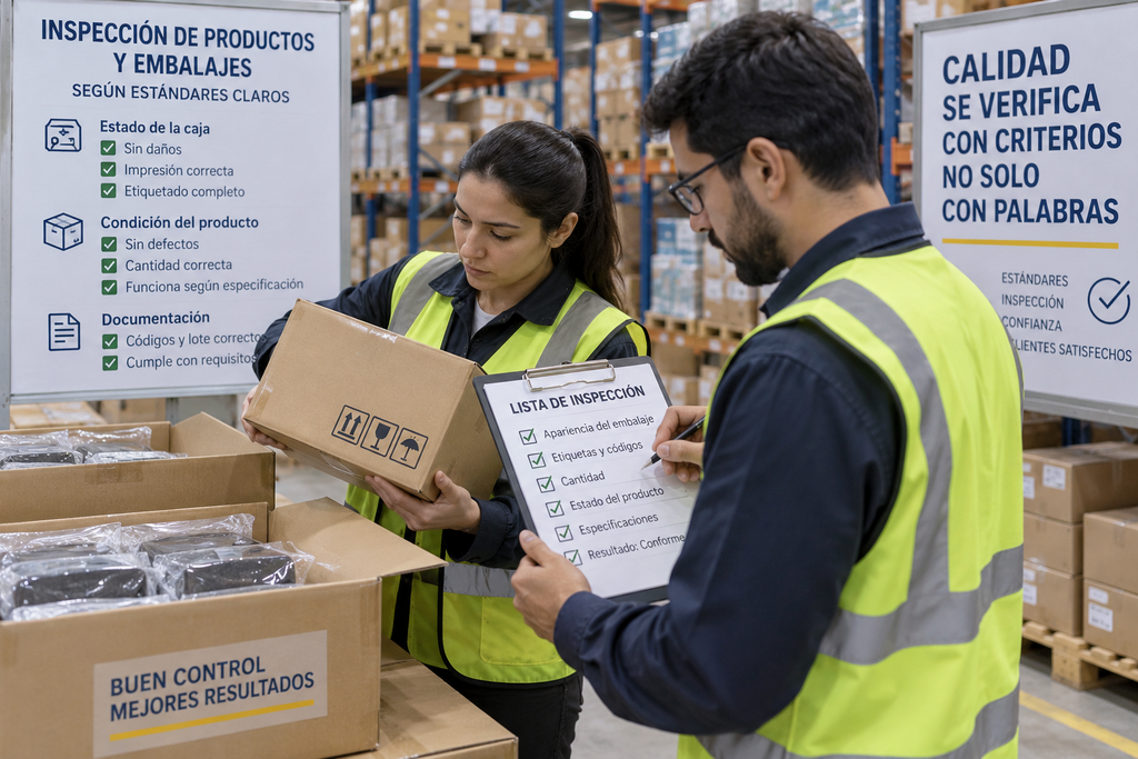 Inspectores revisando productos y embalajes antes del envío desde China