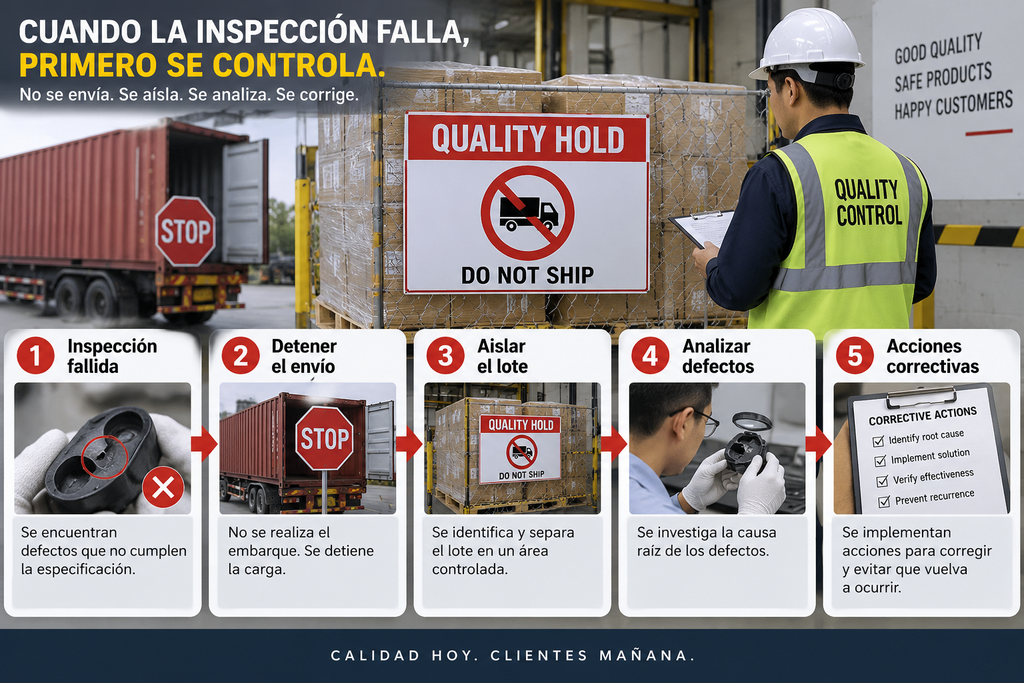 Lote de productos retenido para control de calidad después de detectar defectos antes del envío