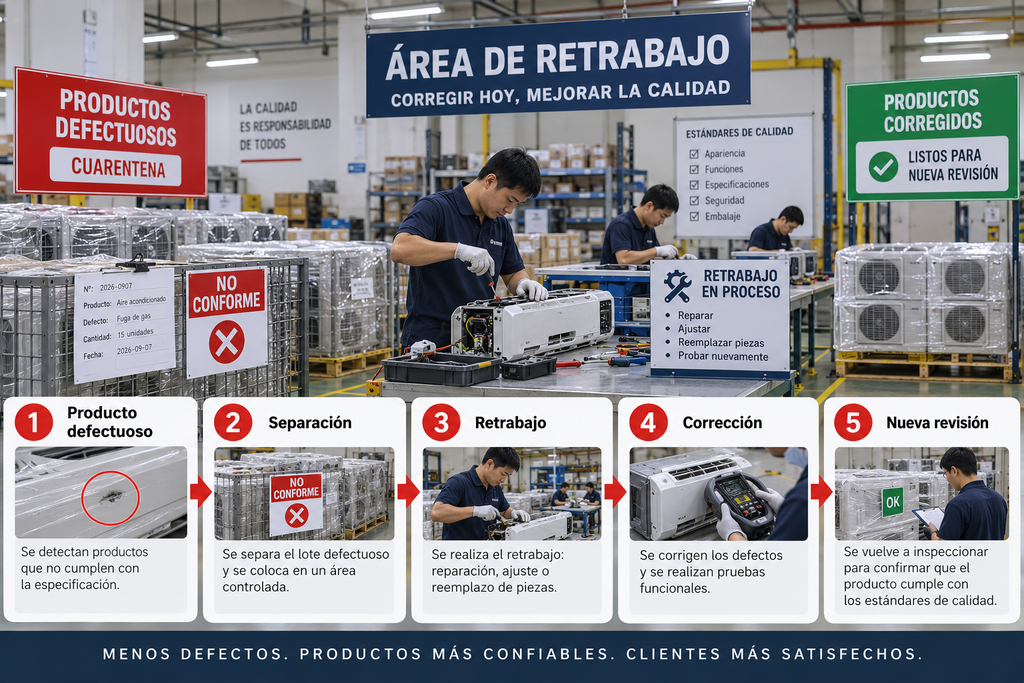 Proceso de retrabajo y corrección de productos defectuosos después de una inspección de calidad