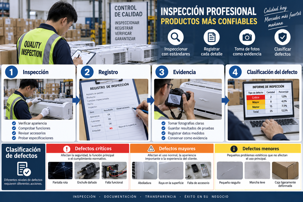 Inspector de calidad revisando productos y registrando defectos durante una inspección en fábrica