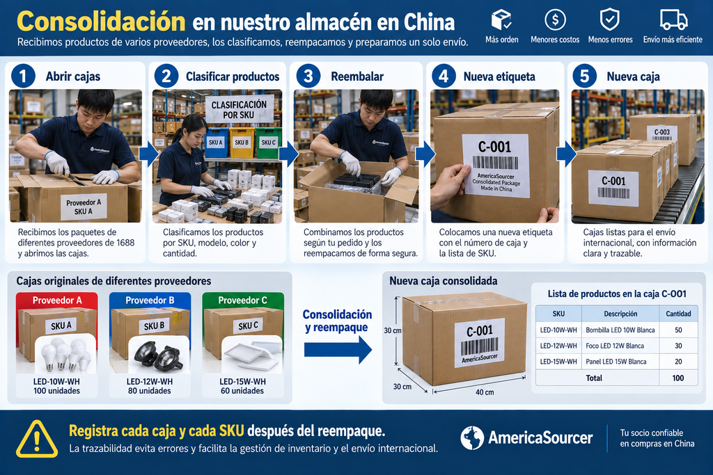 Proceso de reembalaje y consolidación de SKU de varios proveedores en un almacén en China