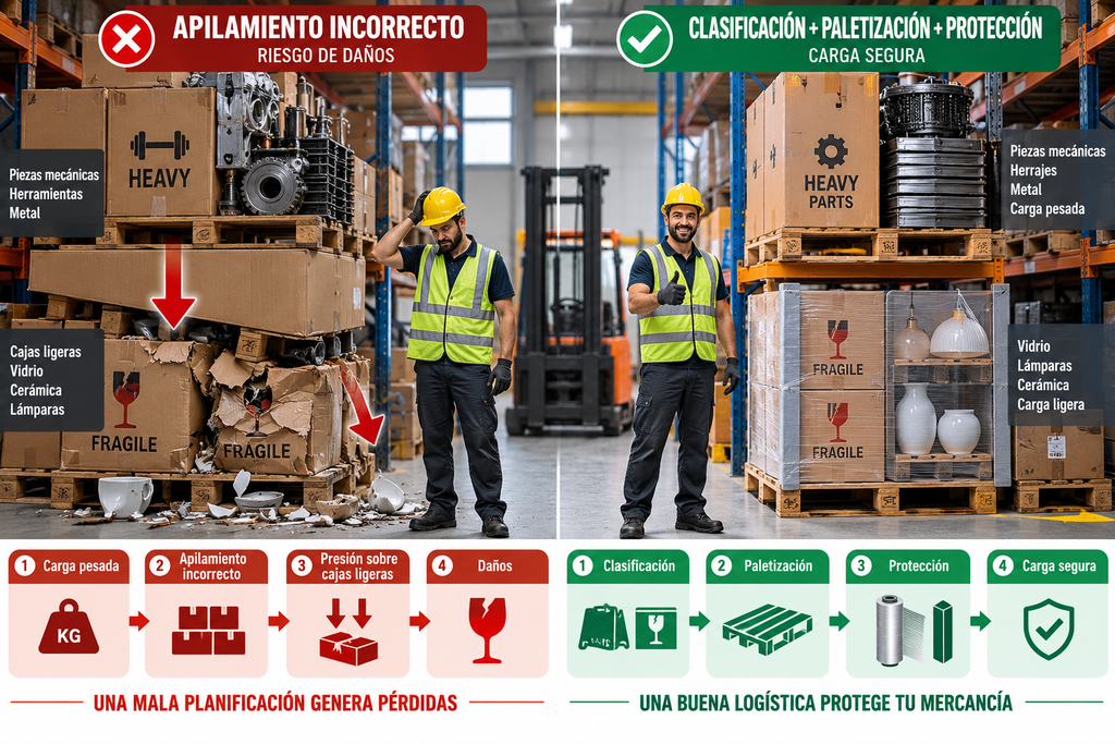 Separación de mercancías pesadas y productos frágiles durante la consolidación en un almacén en China