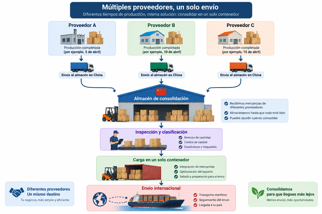 Consolidación de productos de varios proveedores de 1688 en un almacén en China antes del envío internacional