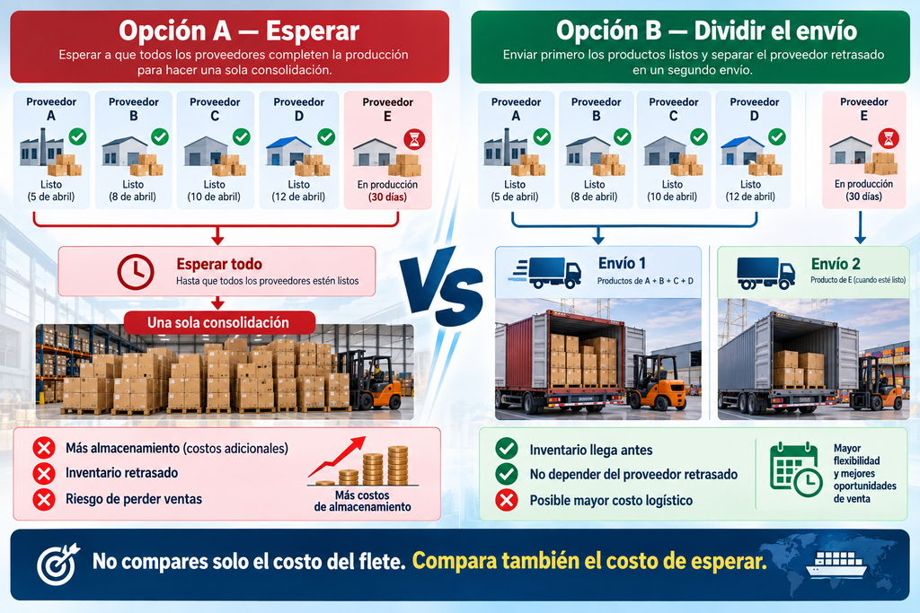 Comparación entre esperar a todos los proveedores de 1688 o dividir el envío cuando un proveedor se retrasa.