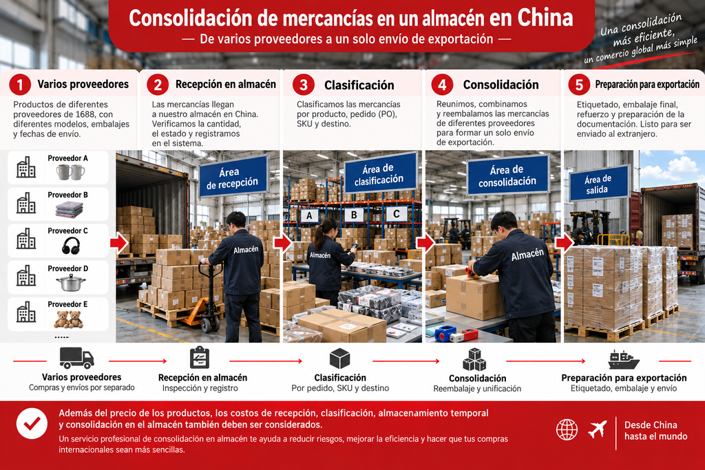 Consolidación de mercancías de varios proveedores de 1688 en un almacén en China antes del envío internacional.