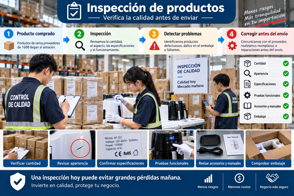 Control de calidad de productos comprados en 1688 antes del envío internacional desde China.