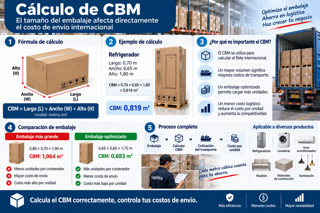 Cómo calcular el CBM de cajas para estimar el costo del transporte internacional desde China.