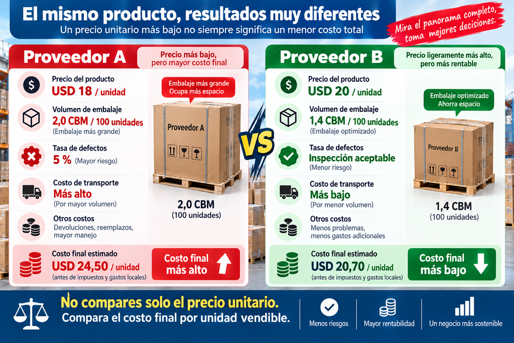 Comparación del costo final entre dos proveedores de 1688 considerando precio, volumen, defectos y transporte.