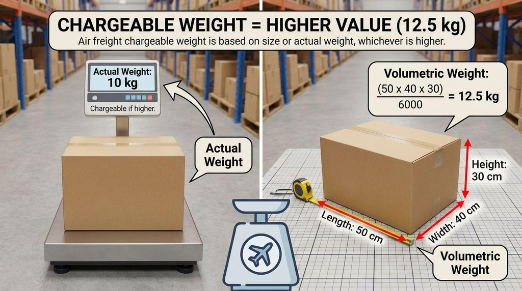 Cálculo del peso volumétrico de una caja para estimar el costo del transporte aéreo internacional desde China.