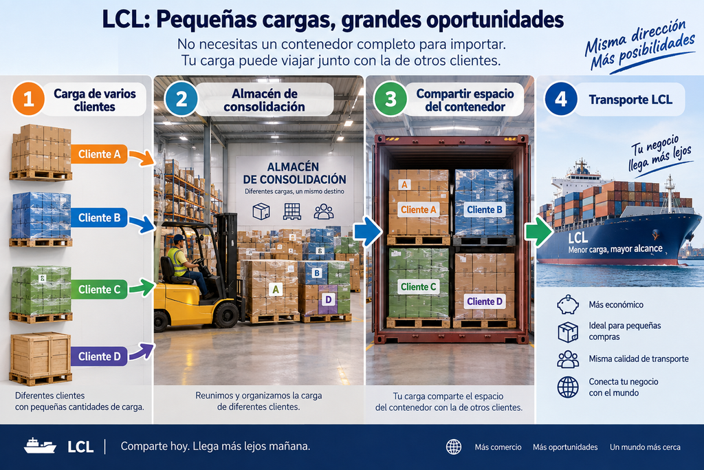 Mercancías paletizadas en un almacén de consolidación para transporte marítimo LCL desde China.