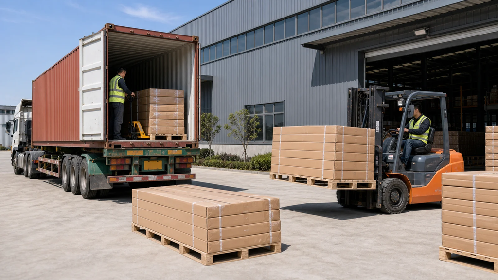Carga de cajas y palés en un contenedor para transporte marítimo internacional desde China.