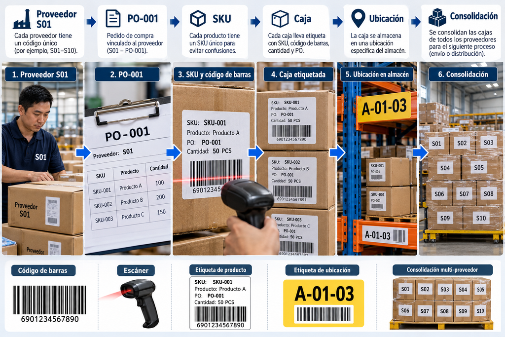 Control de SKU y códigos de barras para identificar productos de diferentes proveedores chinos durante la consolidación en almacén.