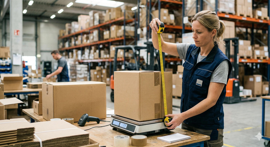 Medición de dimensiones y peso de cajas después de consolidar productos de varios proveedores chinos.