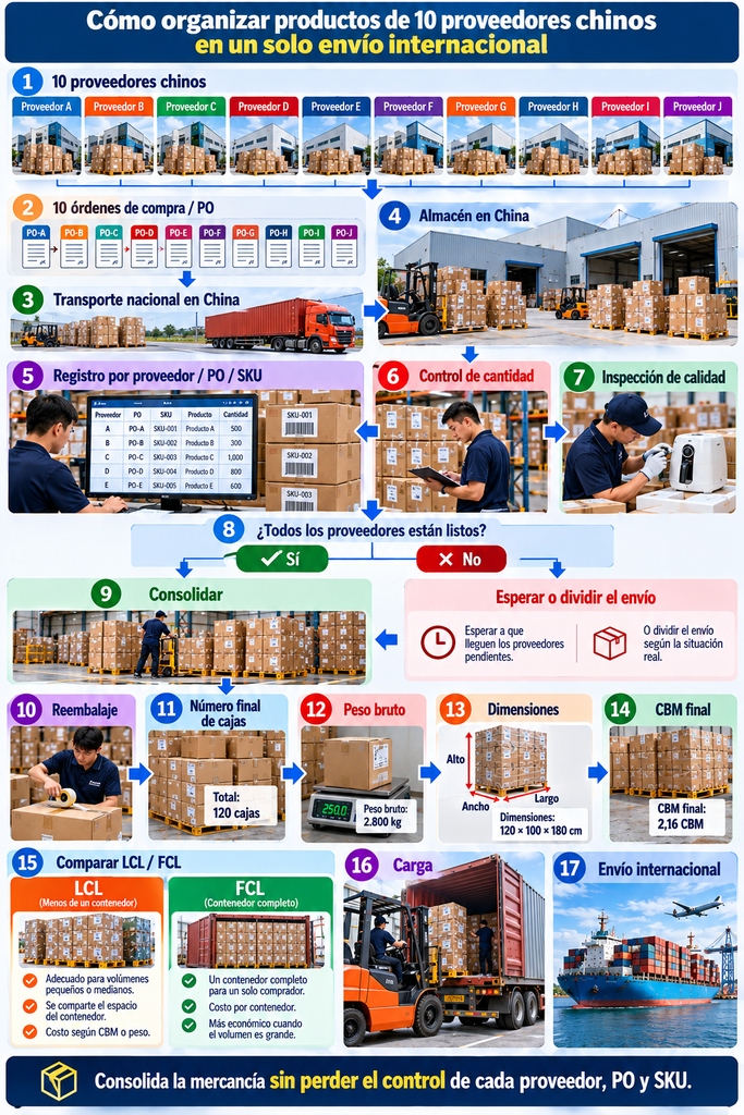 Carga de productos consolidados de varios proveedores chinos en un contenedor para envío internacional desde China.