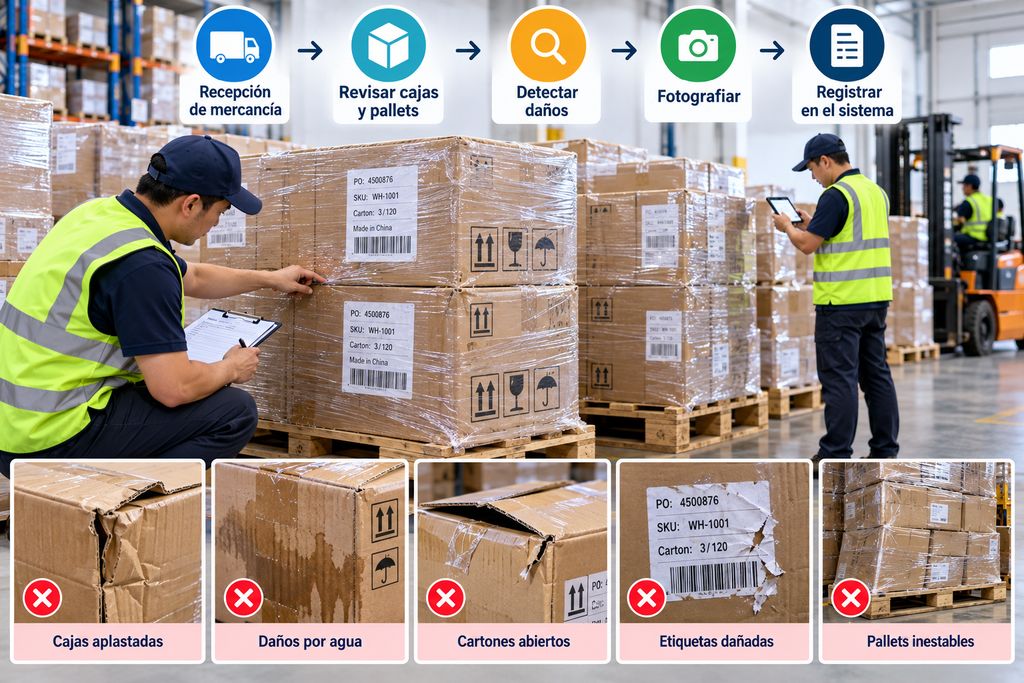 Trabajadores revisando cajas, pallets y embalajes durante la recepción de productos en un almacén en China.