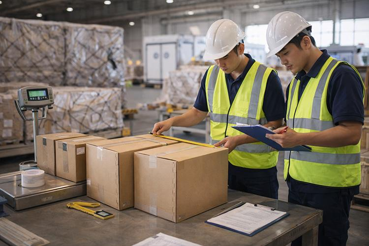 Medición de cajas y peso de la mercancía consolidada en un almacén antes de calcular el CBM y el transporte internacional.