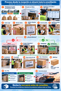 Proceso de recepción, inspección, control de SKU, consolidación y preparación de mercancías para envío internacional desde un almacén en China.