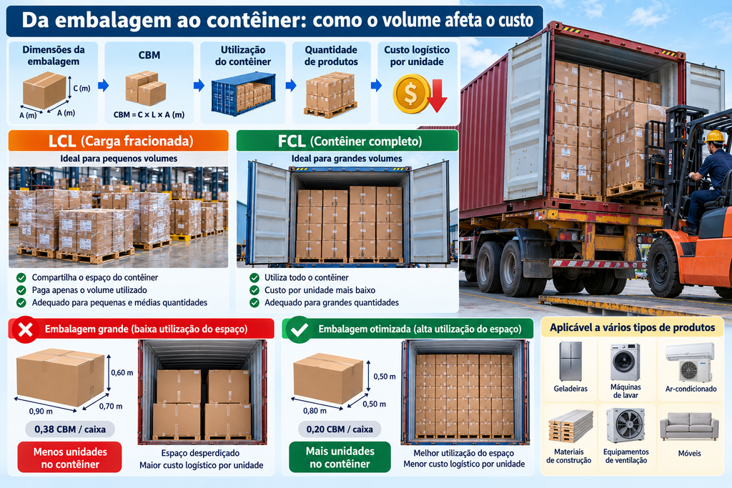 Carregamento de caixas em contêiner para transporte marítimo de produtos da China para o Brasil